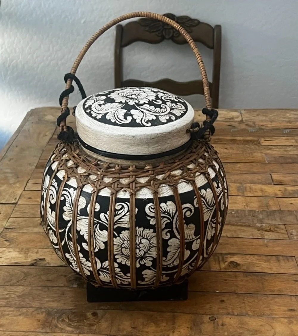 Vintage Thai Lidded Rice Basket With Handle 11.5
